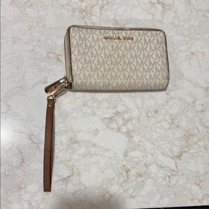 Michael Kors Beige and Tan Logo Wristlet